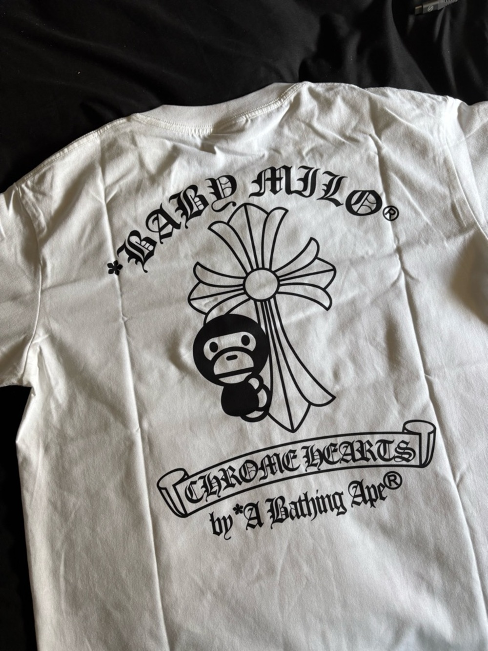 Bape White Tee with Black Baby Milo & Chrome Hearts Graphic
